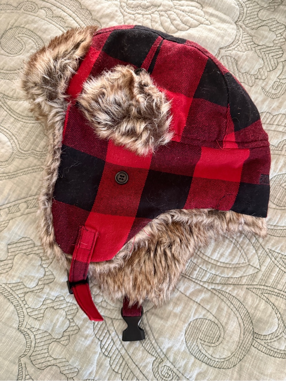 RedHead adult Red and Black Buffalo Plaid Trapper Hat with Faux Fur